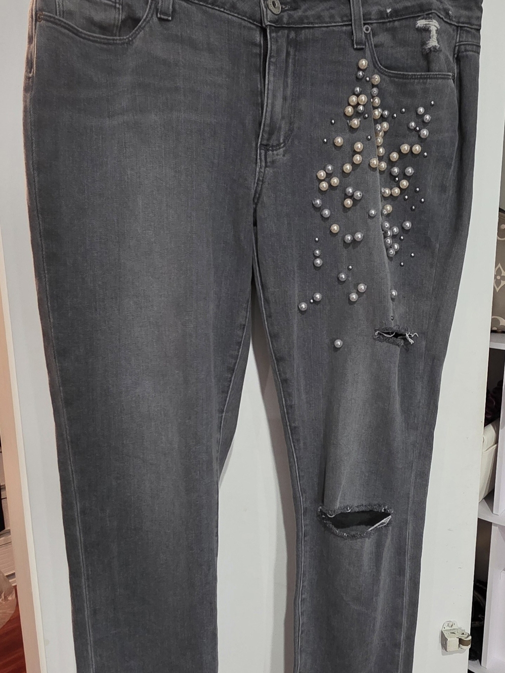 PAIGE Gray Pearl-Embellished Skinny Jeans